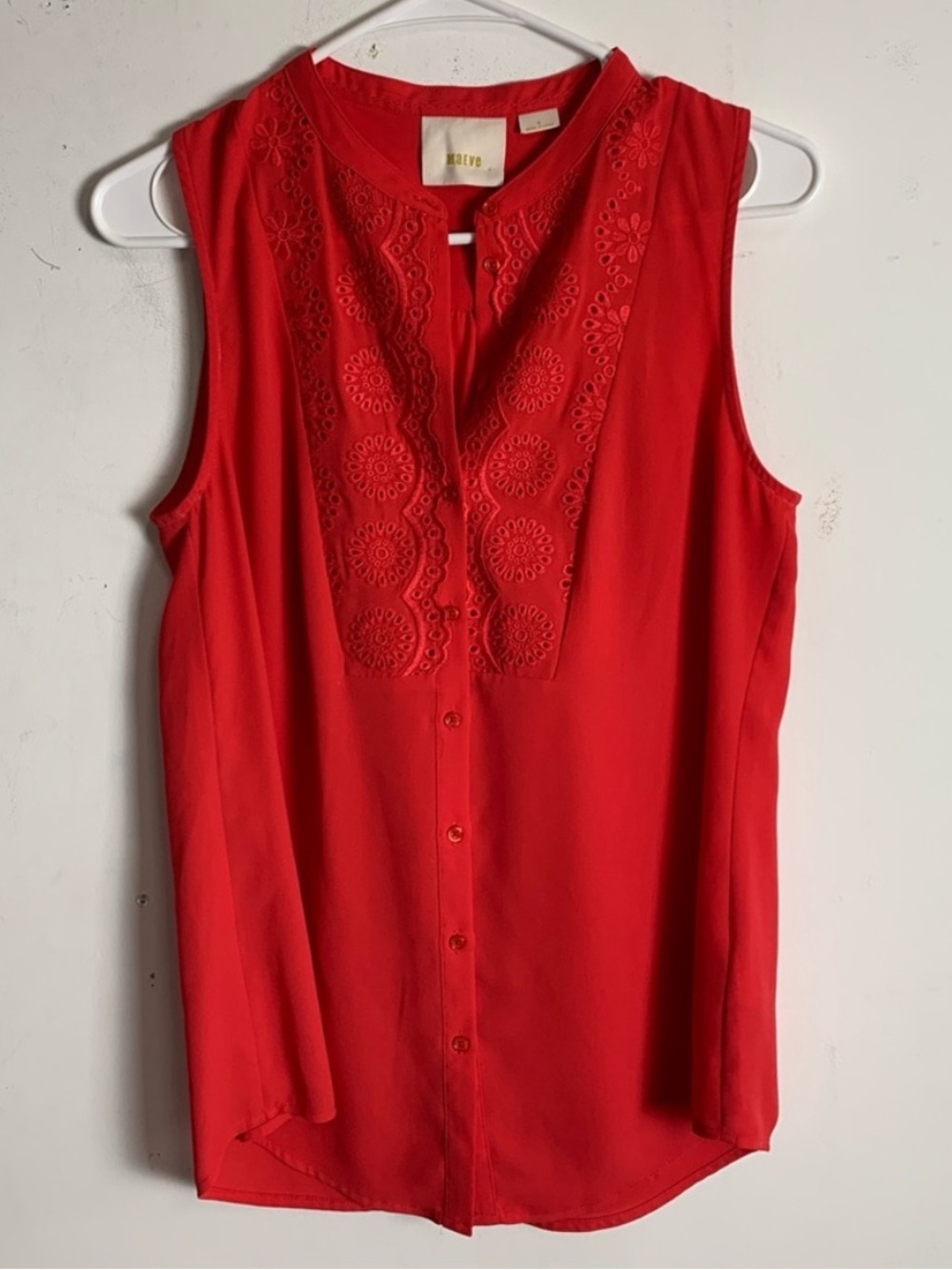 Maeve Red Sleeveless Button-Front Camisole with Eyelet Detail